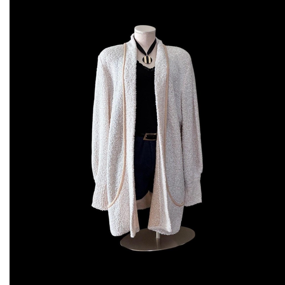 Vintage‎ 80s Long Cardigan XL Cream Oversized Textured Knit Cozy Minimalist